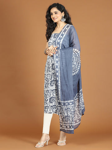 Printed Cotton Blend Unstitched Suit With Dupatta