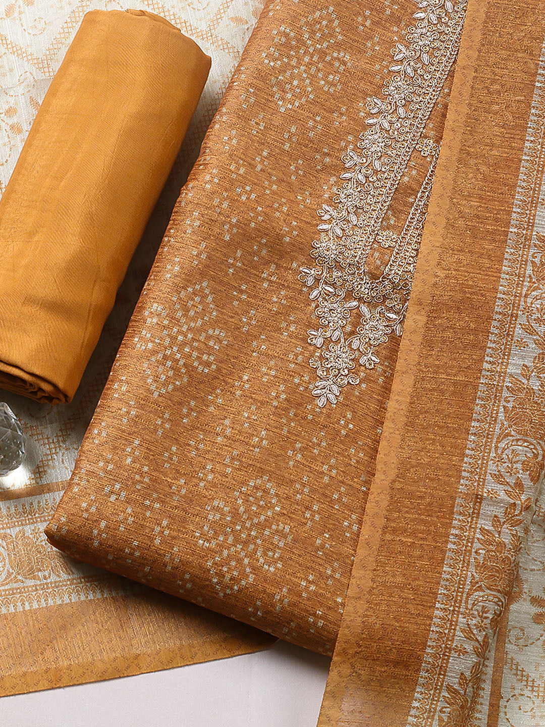 Embroidered Chanderi Unstitched Suit With Pant &amp; Dupatta