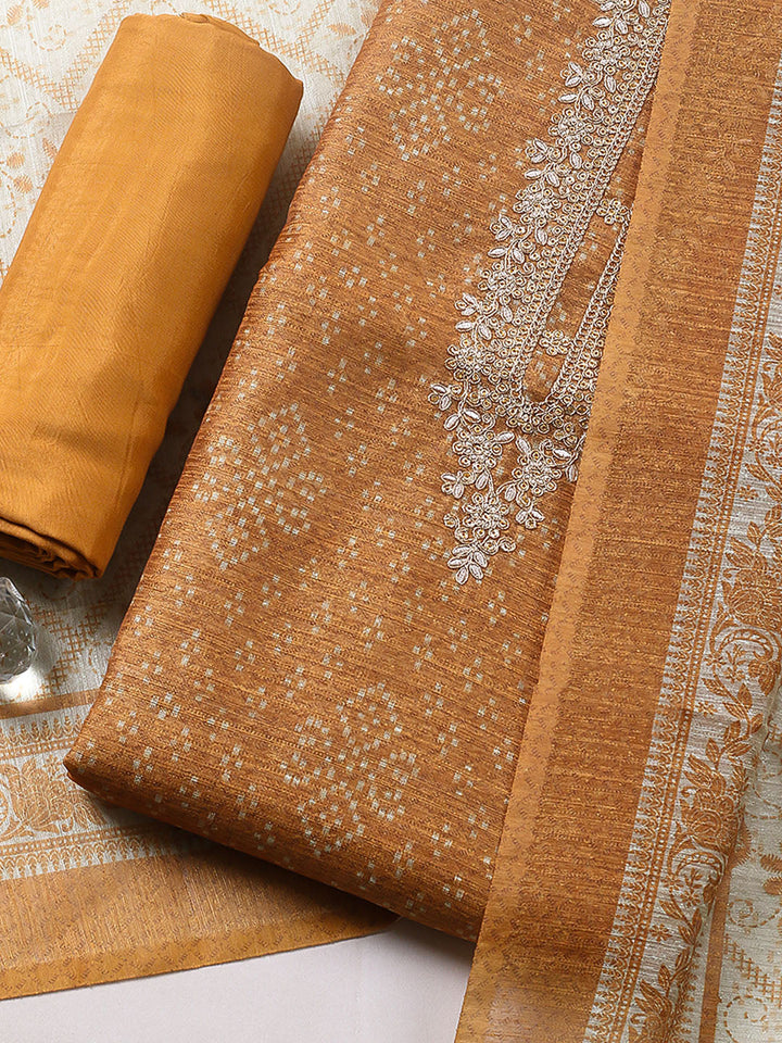 Embroidered Chanderi Unstitched Suit With Pant &amp; Dupatta