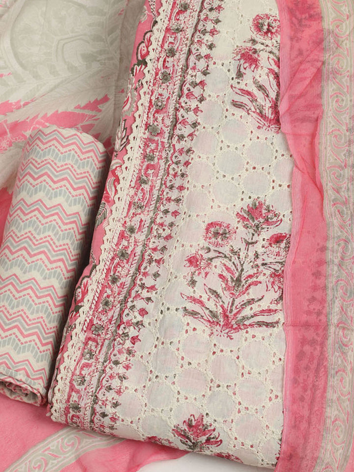 Printed Cotton Unstitched Suit With Pant &amp; Dupatta