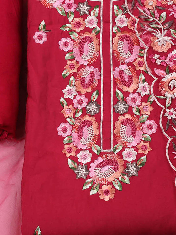 Embroidered Chanderi Unstitched Suit With Pant &amp; Dupatta