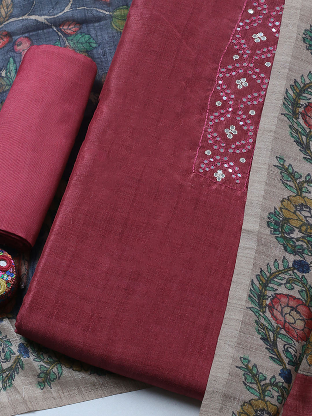 Embroidered Tussar Unstitched Suit With Pant &amp; Dupatta