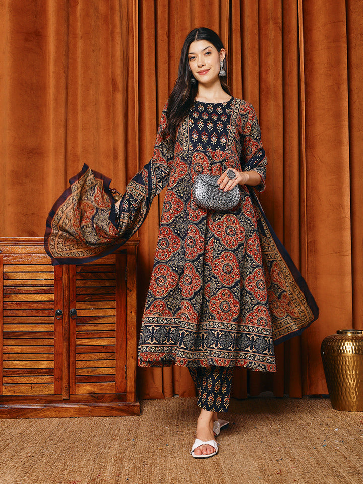 Printed Cotton Blend Kurta With Pants &amp; Dupatta