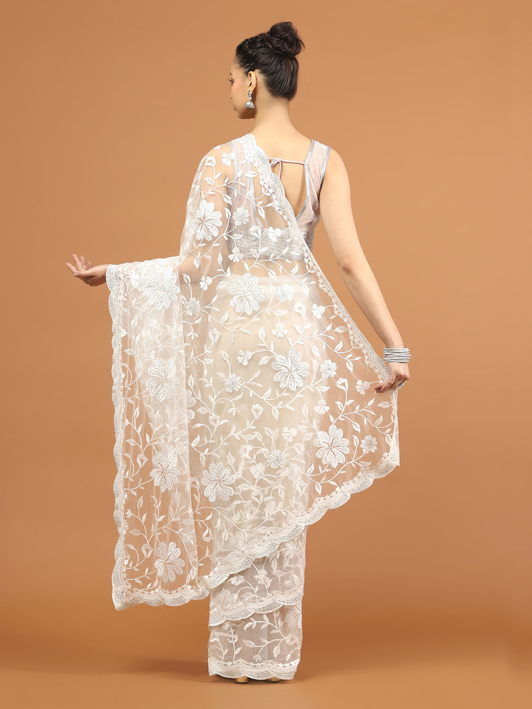 Sequence Embroidery Net Saree