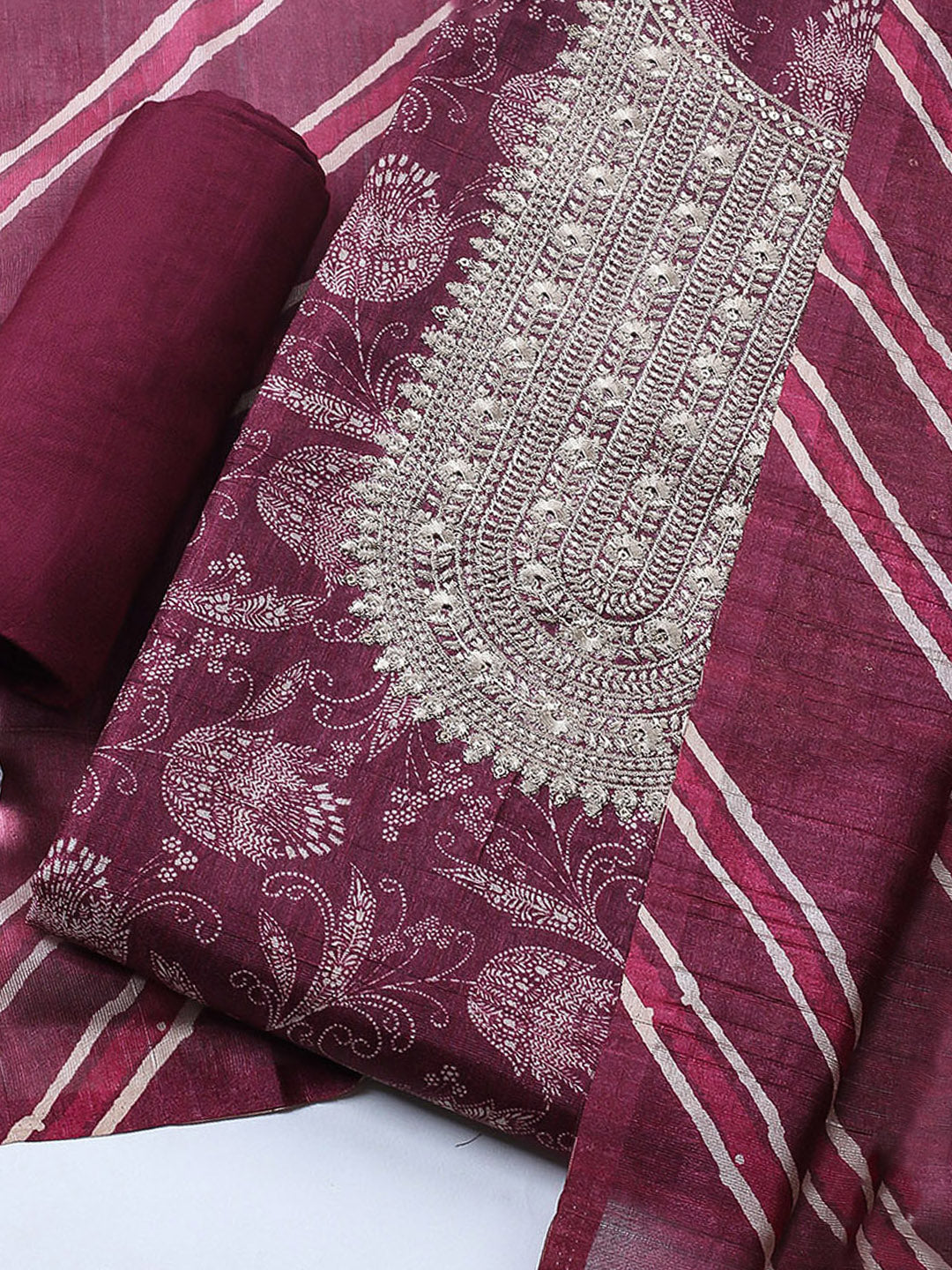 Embroidered Cotton Blend Unstitched Suit With Pant &amp; Dupatta