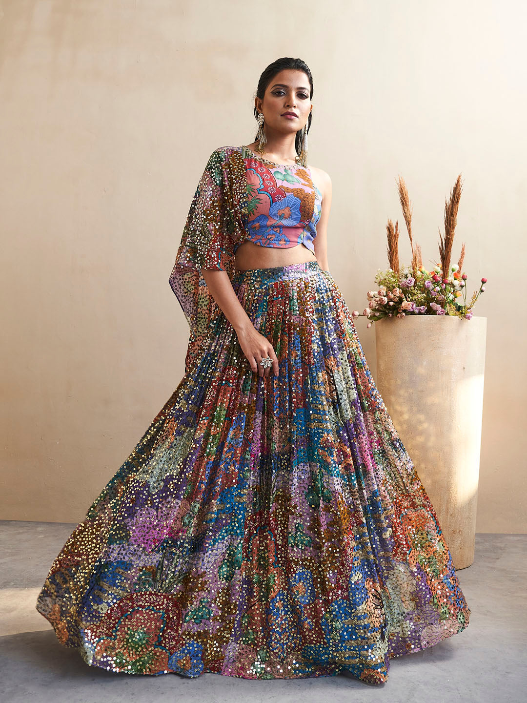 Sequin Embroidered Georgette Choli With Lehenga