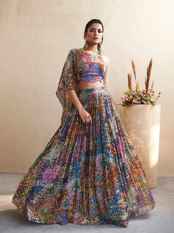 Sequin Embroidered Georgette Choli With Lehenga
