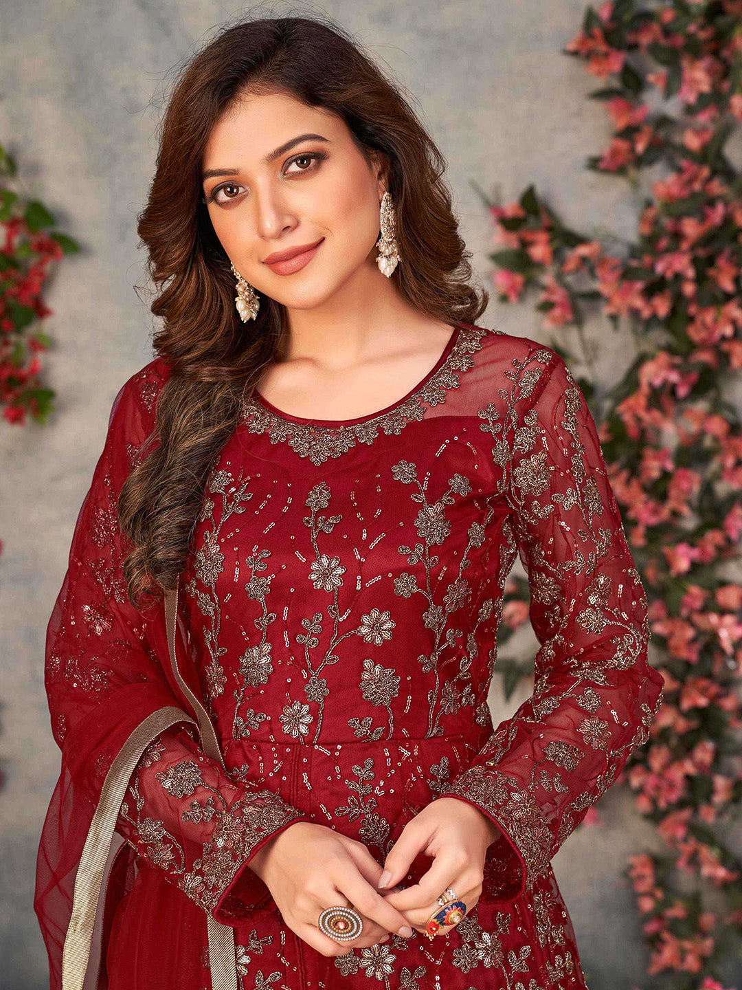 Embroidered Net Semi Stitched Kurta With Pant &amp; Dupatta