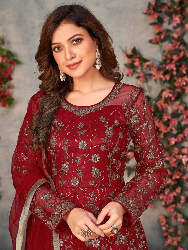 Embroidered Net Semi Stitched Kurta With Pant &amp; Dupatta