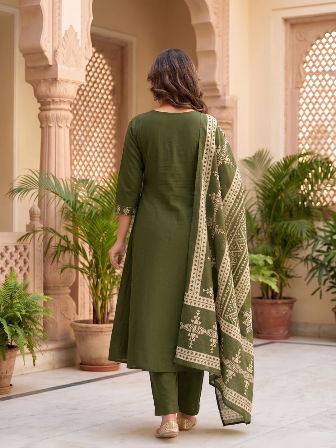 Neck Embroidered Cotton Blend Kurta With Pant &amp; Dupatta