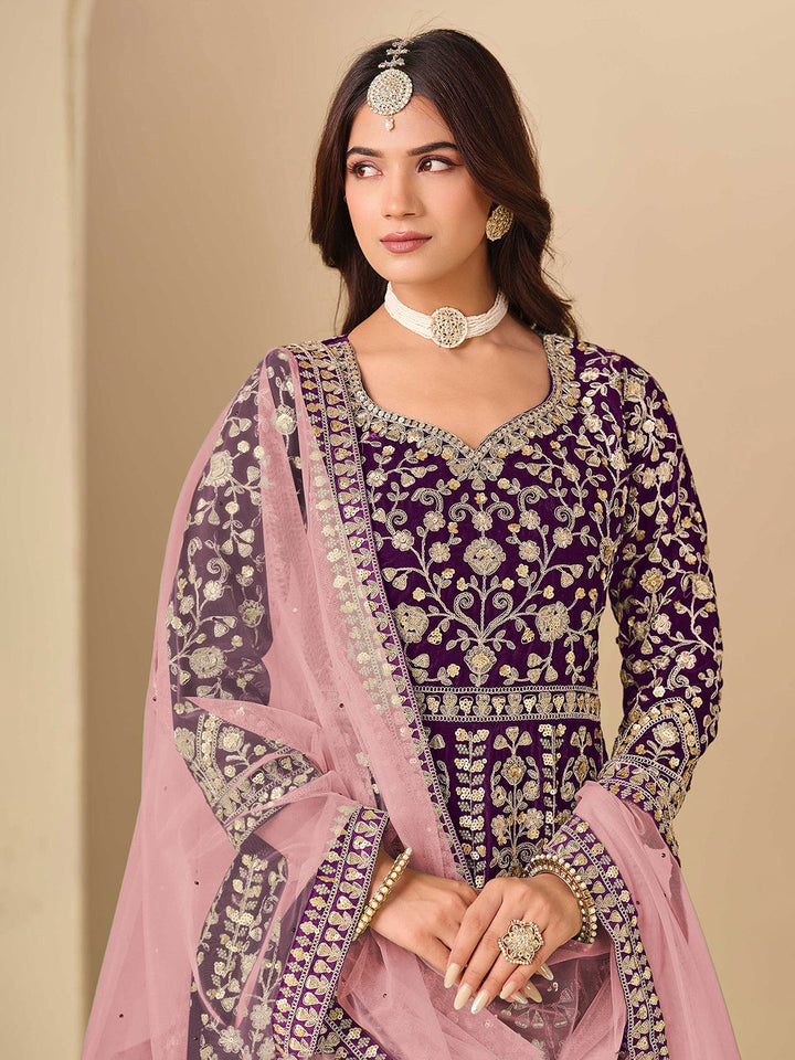 Embroidered Velvet Semi Stitched Kurta With Pant &amp; Dupatta