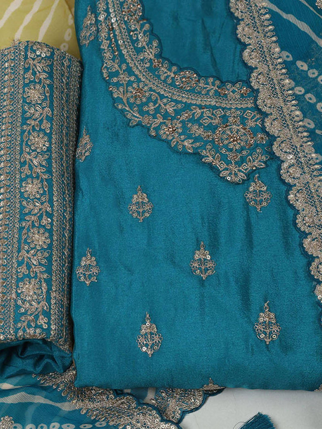 Embroidered Art Silk Unstitched Suit Piece With Dupatta