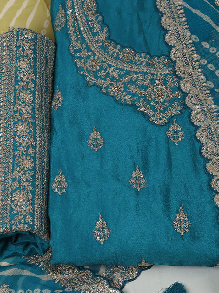 Embroidered Art Silk Unstitched Suit Piece With Dupatta