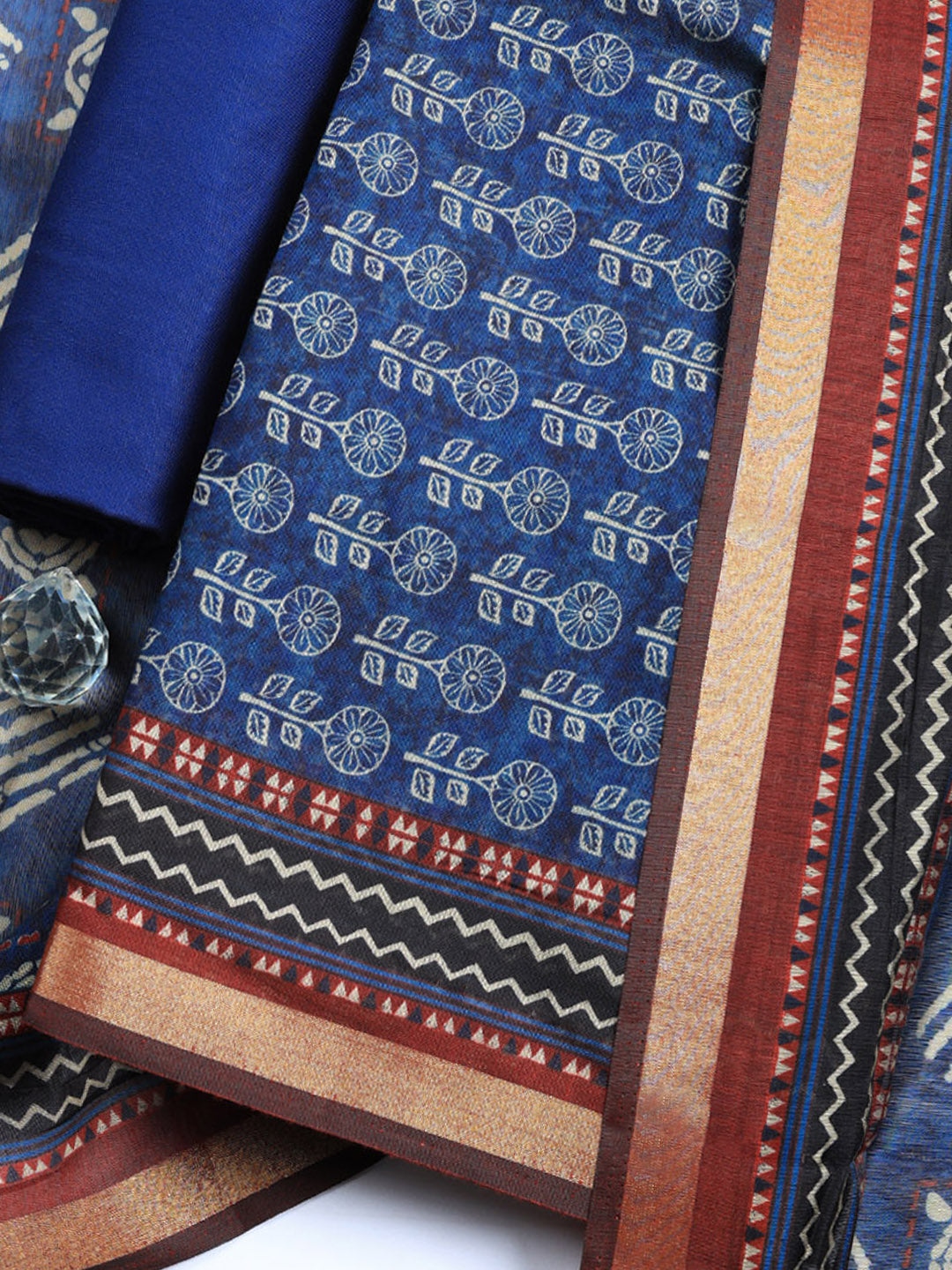 Printed Cotton Blend Unstitched Suit With Pant &amp; Dupatta