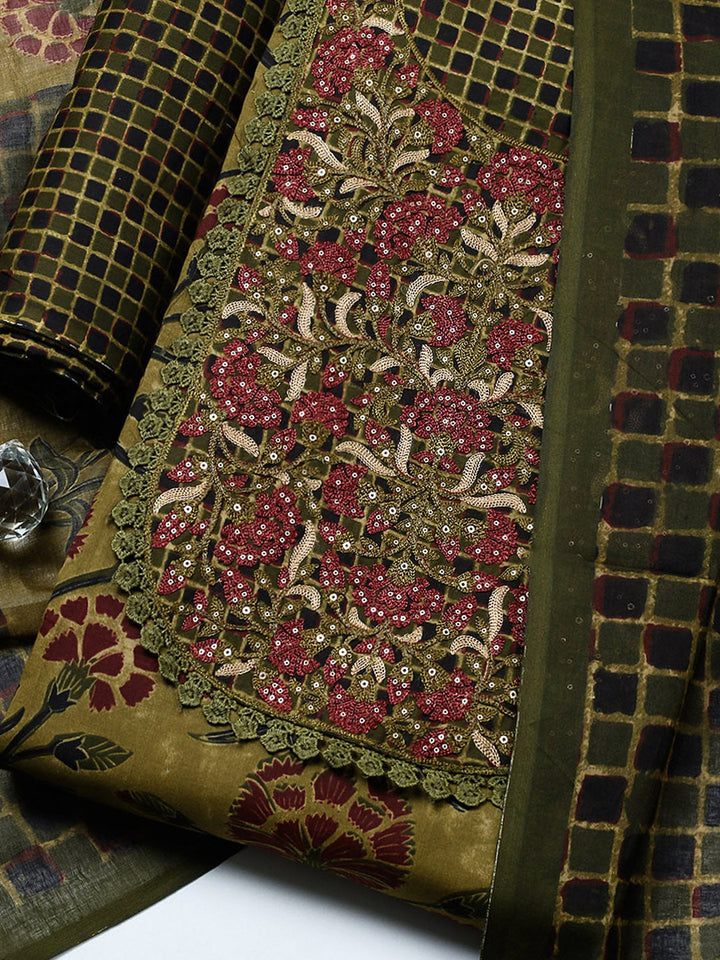 Embroidered Cotton Blend Unstitched Suit With Pant &amp; Dupatta