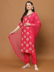 Printed Cotton Blend Kurta With Pants & Dupatta