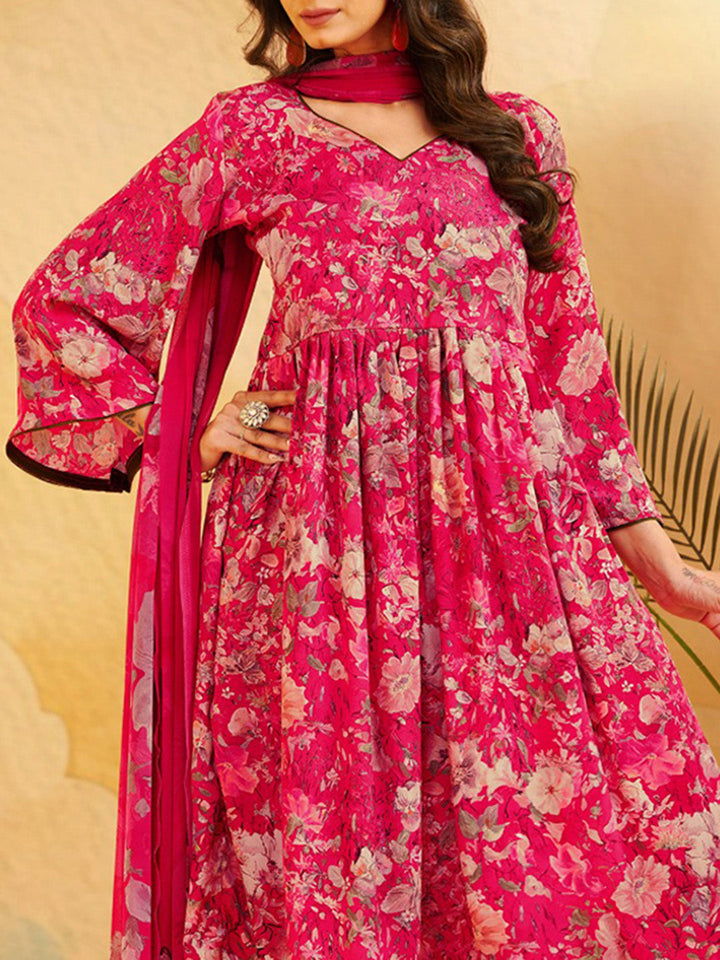 Printed Crepe Unstitched Suit With Pant &amp; Dupatta