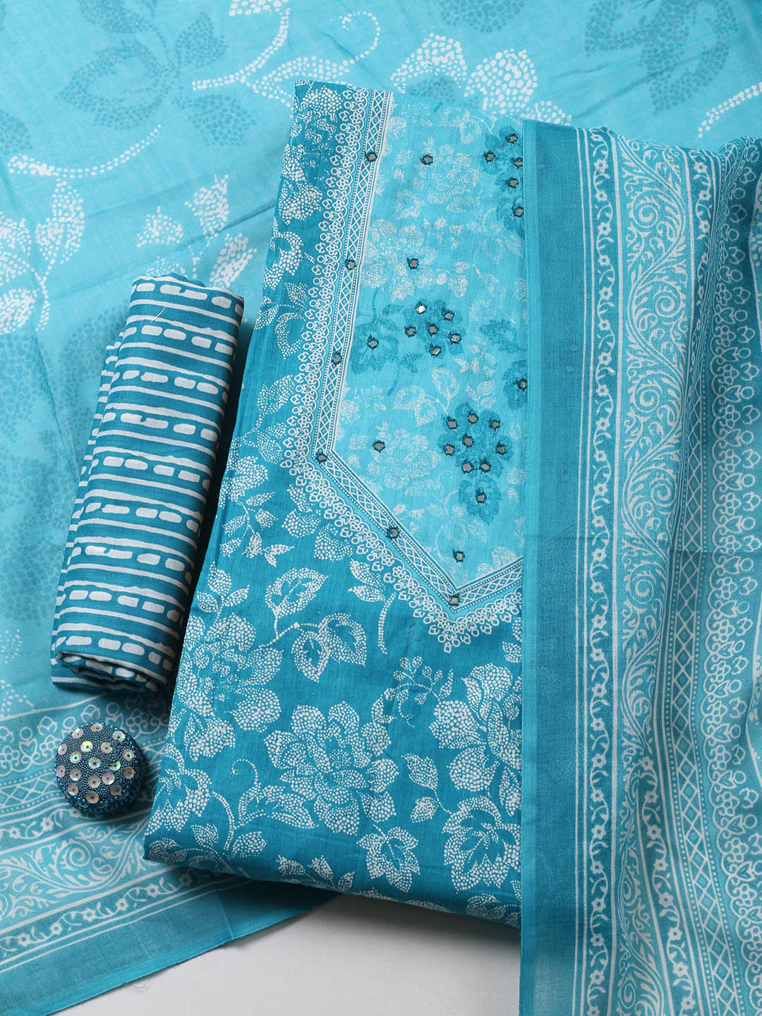 Printed Cotton Blend Unstitched Suit With Pant &amp; Dupatta