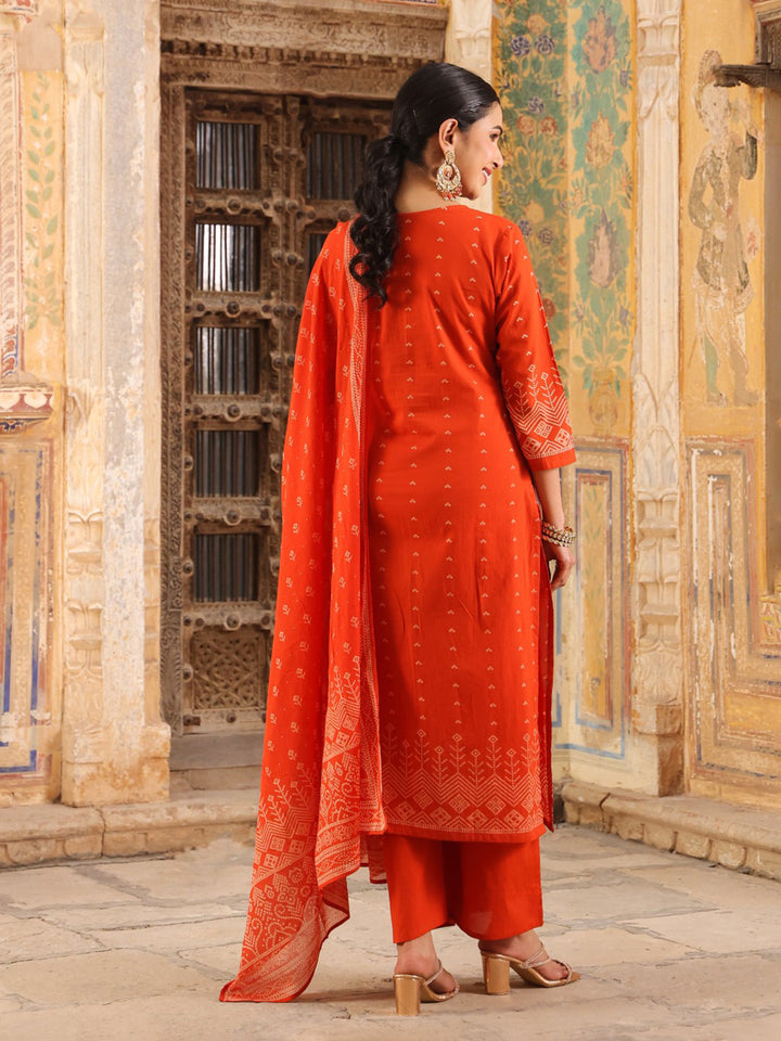 Red Cotton Blend Printed Straight Suit Set