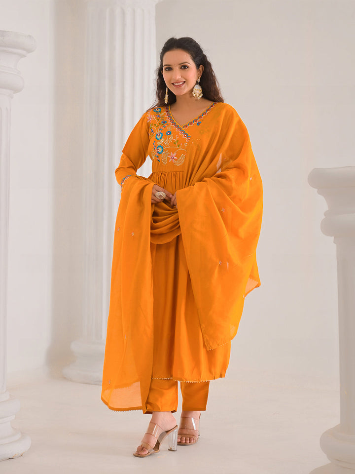 Neck Embroidery Cotton Blend Kurta With Pants &amp; Dupatta