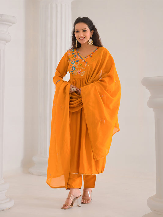 Neck Embroidery Cotton Blend Kurta With Pants & Dupatta