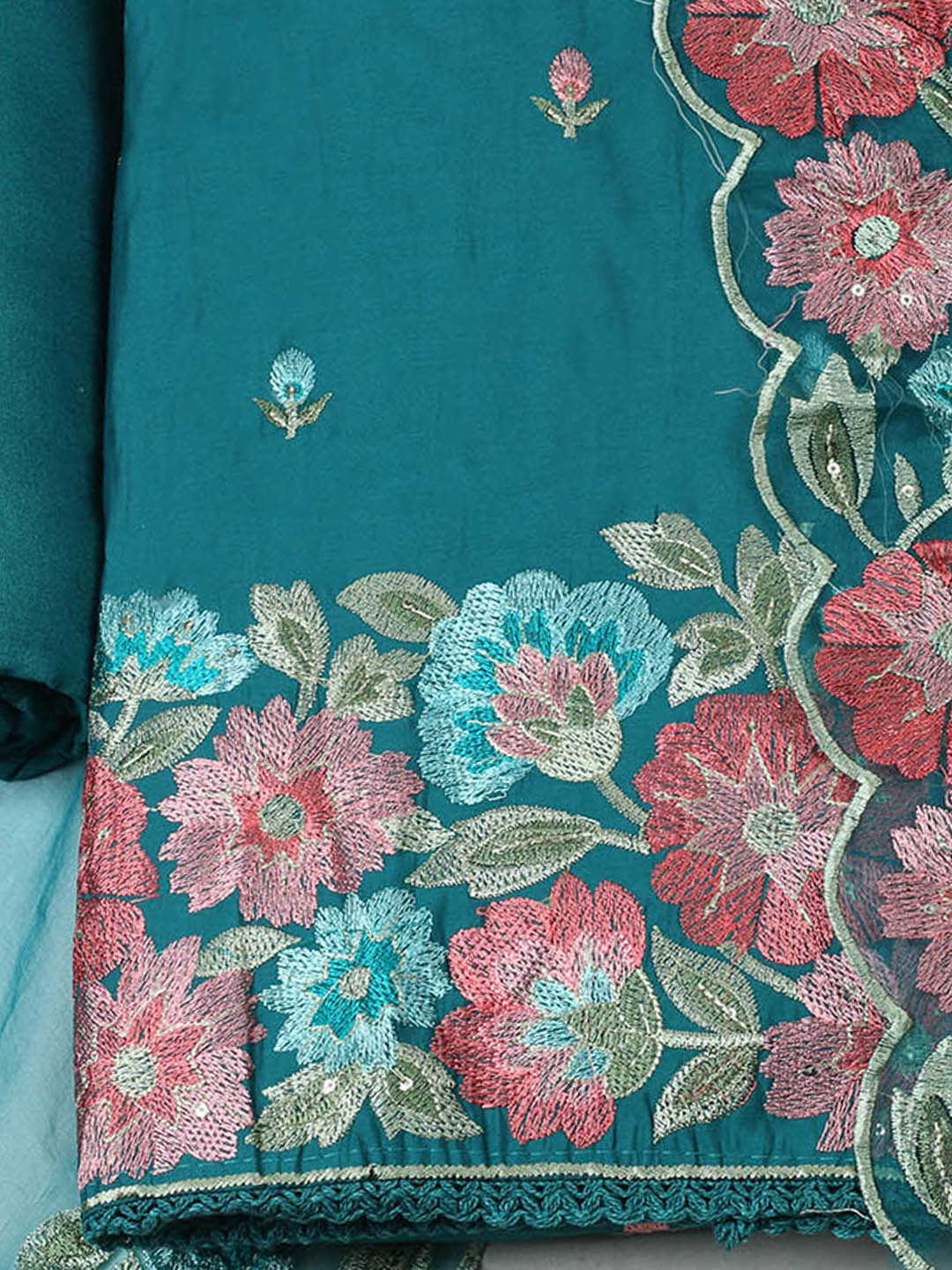 Embroidered Chanderi Unstitched Suit With Pant &amp; Dupatta