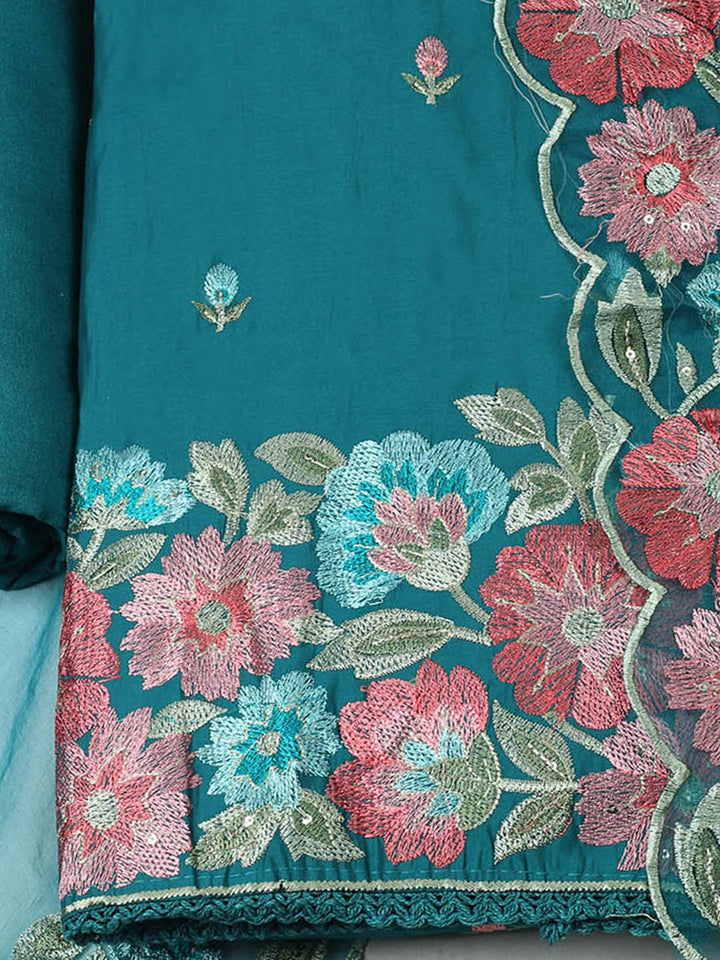 Embroidered Chanderi Unstitched Suit With Pant &amp; Dupatta