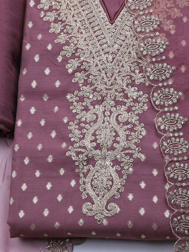 Neck Embroidered Chanderi Unstitched Suit With Dupatta