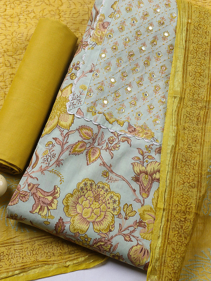 Printed Cotton Blend Unstitched Suit With Pant &amp; Dupatta