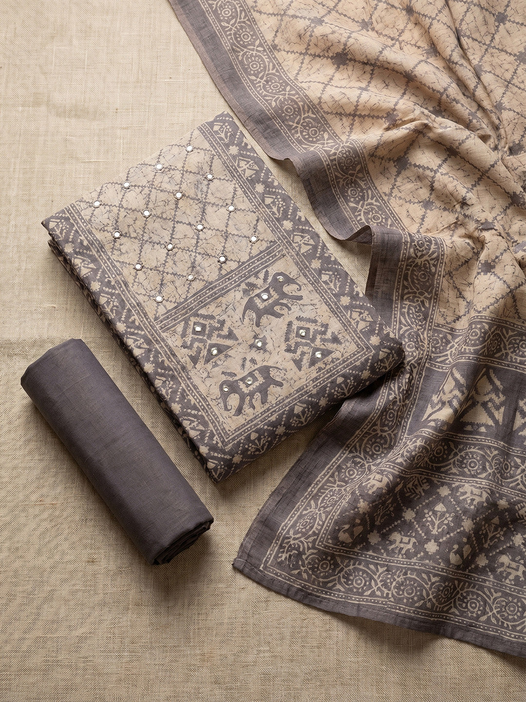 Printed Cotton Blend Unstitched Suit With Pant &amp; Dupatta