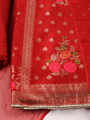 Woven Design Chanderi Maroon Unstitched Suit With Pant & Dupatta