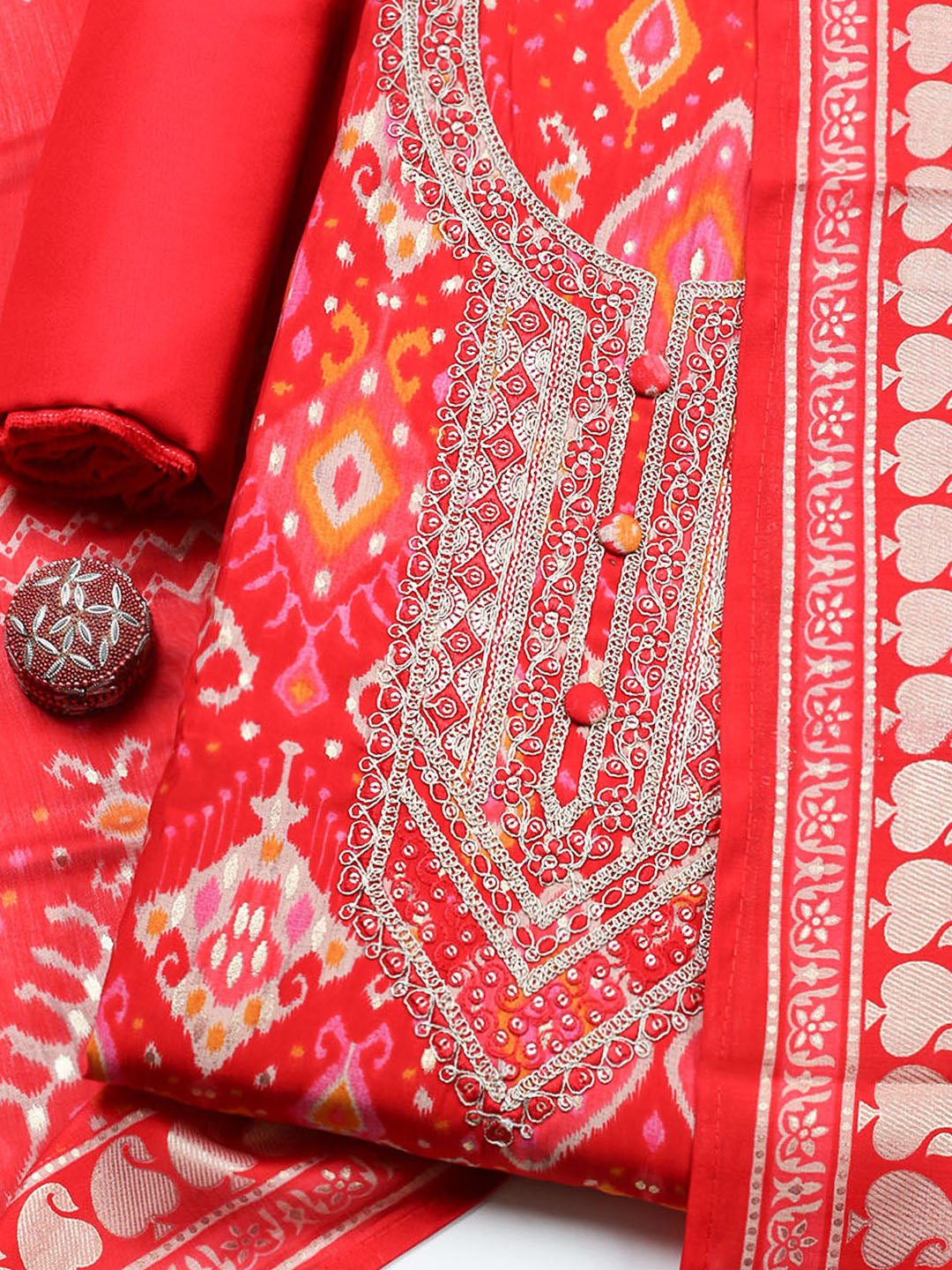 Embroidered Cotton Unstitched Suit With Pant &amp; Dupatta