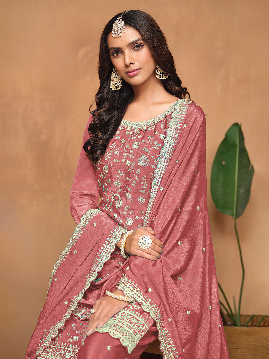Embroidered Chinnon Semi Stitched Kurta With Plazzo &amp; Dupatta