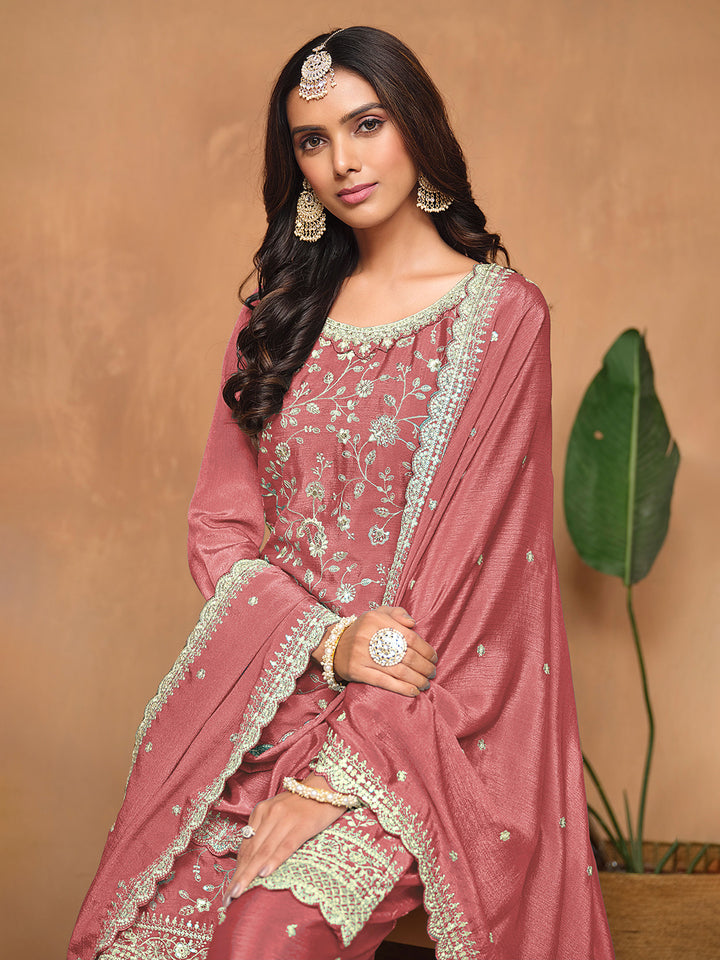 Embroidered Chinnon Semi Stitched Kurta With Plazzo &amp; Dupatta