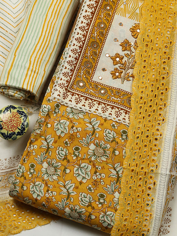 Printed Cotton Blend Unstitched Suit With Pant &amp; Dupatta