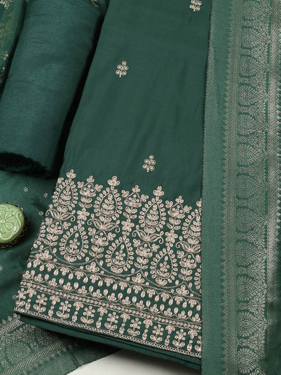 Embroidered Chanderi Unstitched Suit With Pant &amp; Dupatta