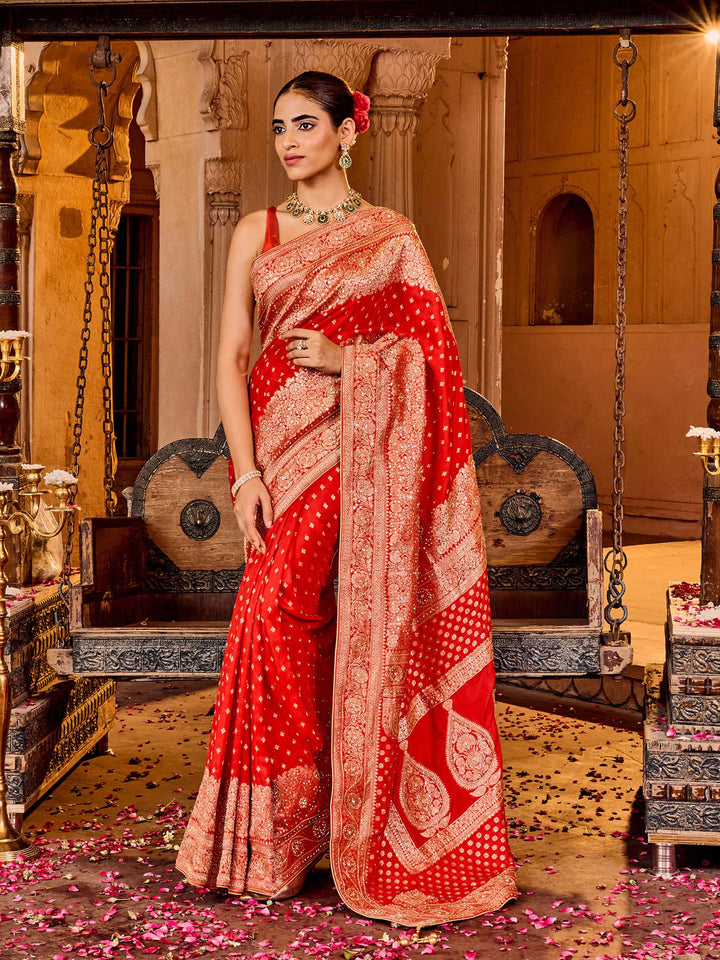 Red Embroidered Design Dola Silk Saree