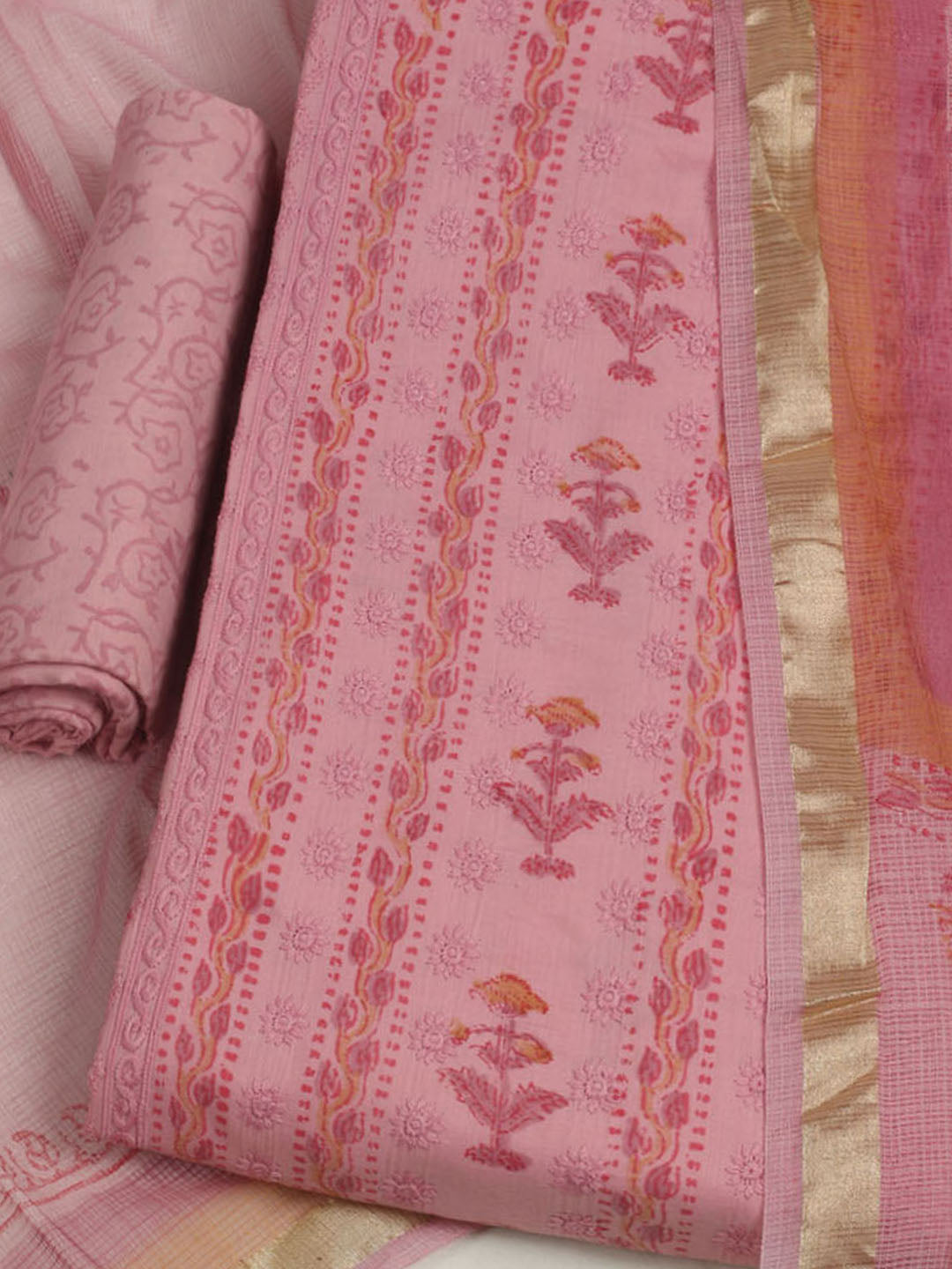 Printed Cotton Unstitched Suits Printed Suit With Pant &amp; Dupatta