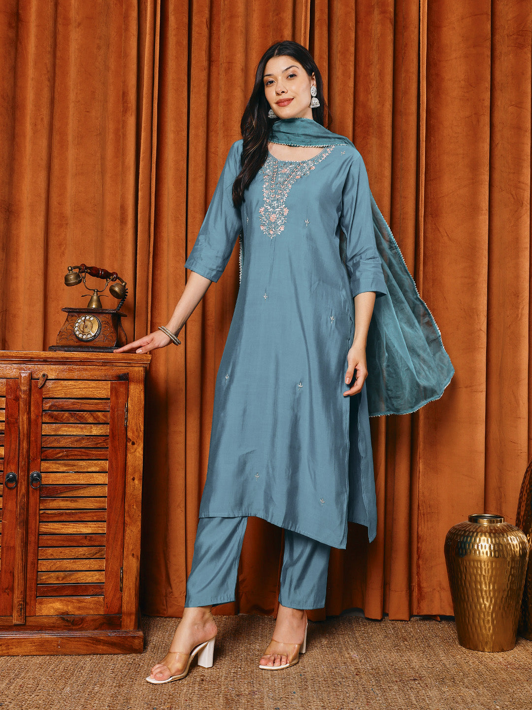 Embroidered Muslin Kurta With Pants &amp; Dupatta
