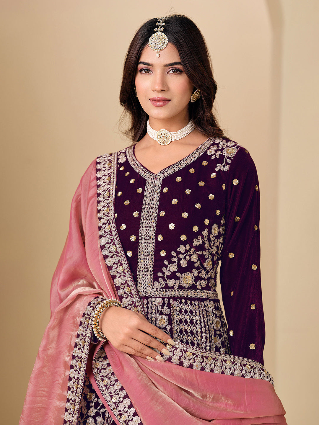 Embroidered Velvet Semi Stitched Kurta With Pant &amp; Dupatta