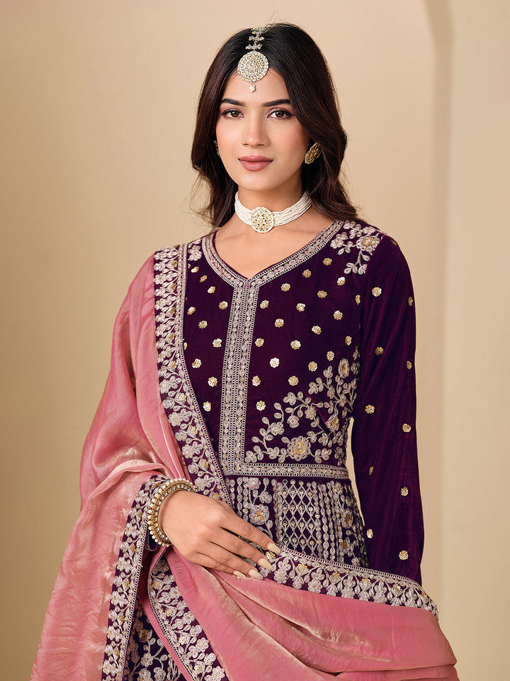 Embroidered Velvet Semi Stitched Kurta With Pant &amp; Dupatta