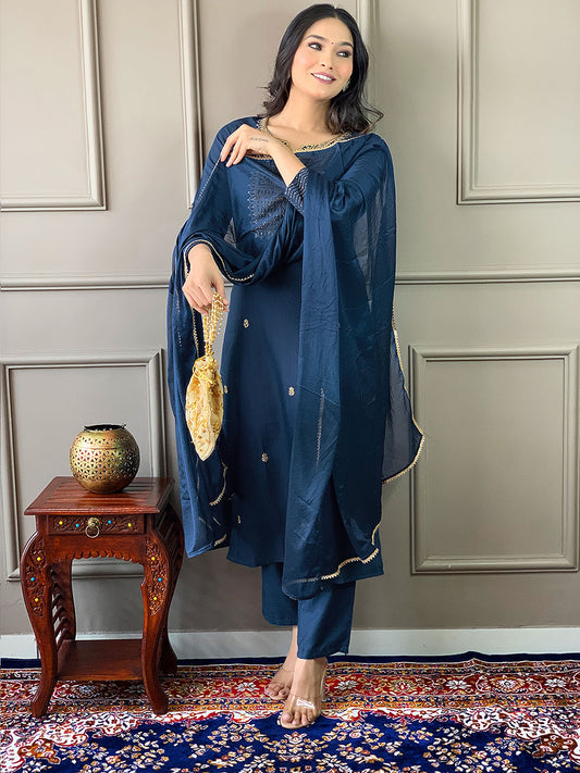 Neck Embroidered Cotton Blend Kurta With Pants & Dupatta