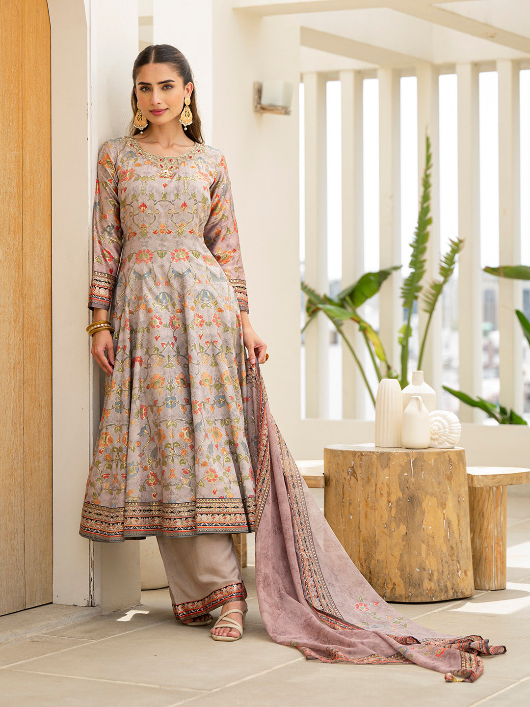 Embroidered Art Silk Kurta With Pant &amp; Dupatta