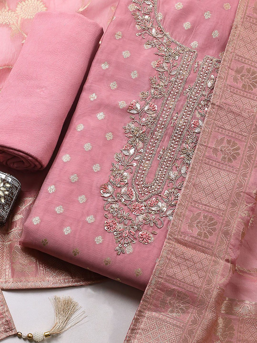 Embroidered Chanderi Unstitched Suit With Pant &amp; Dupatta