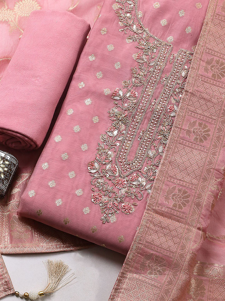 Embroidered Chanderi Unstitched Suit With Pant &amp; Dupatta