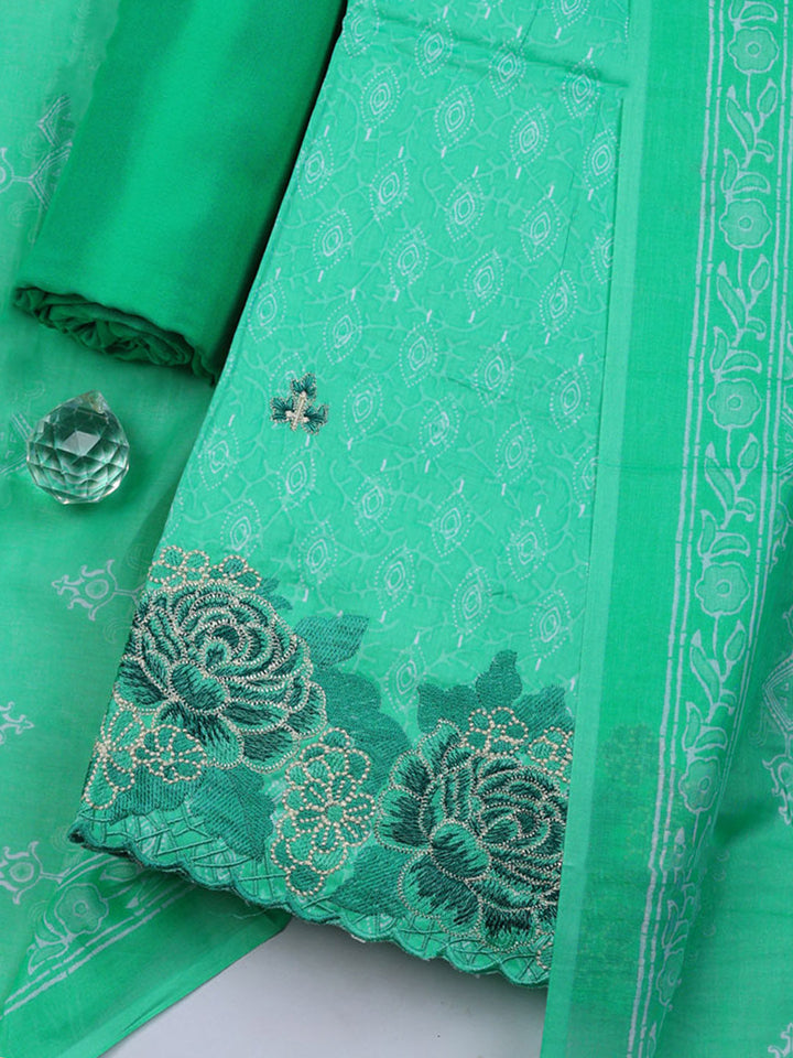Printed Cotton Blend Unstitched Suit With Pant &amp; Dupatta