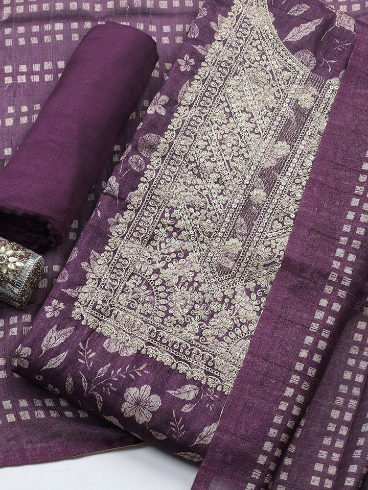 Embroidered Cotton Blend Unstitched Suit With Pant &amp; Dupatta