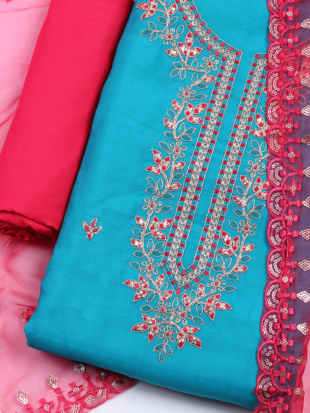 Neck Embroidered Chanderi Unstitched Suit With Dupatta