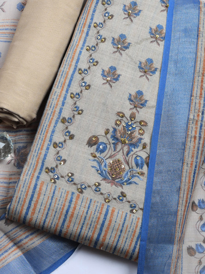 Printed Linen Blend Unstitched Suit With Pant &amp; Dupatta
