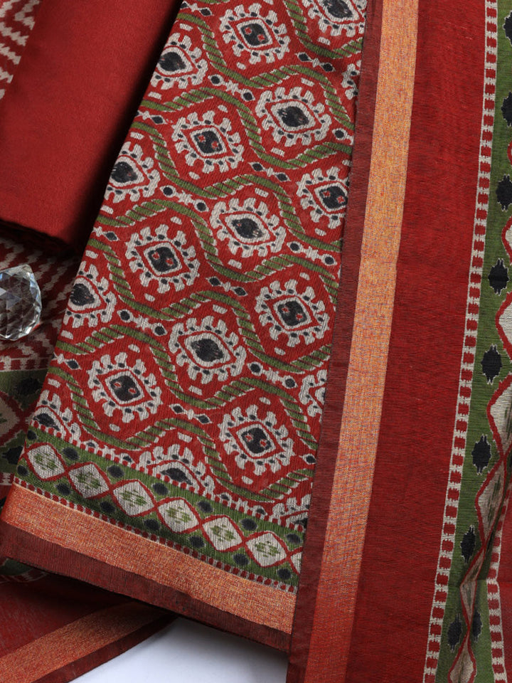Printed Cotton Blend Unstitched Suit With Pant &amp; Dupatta